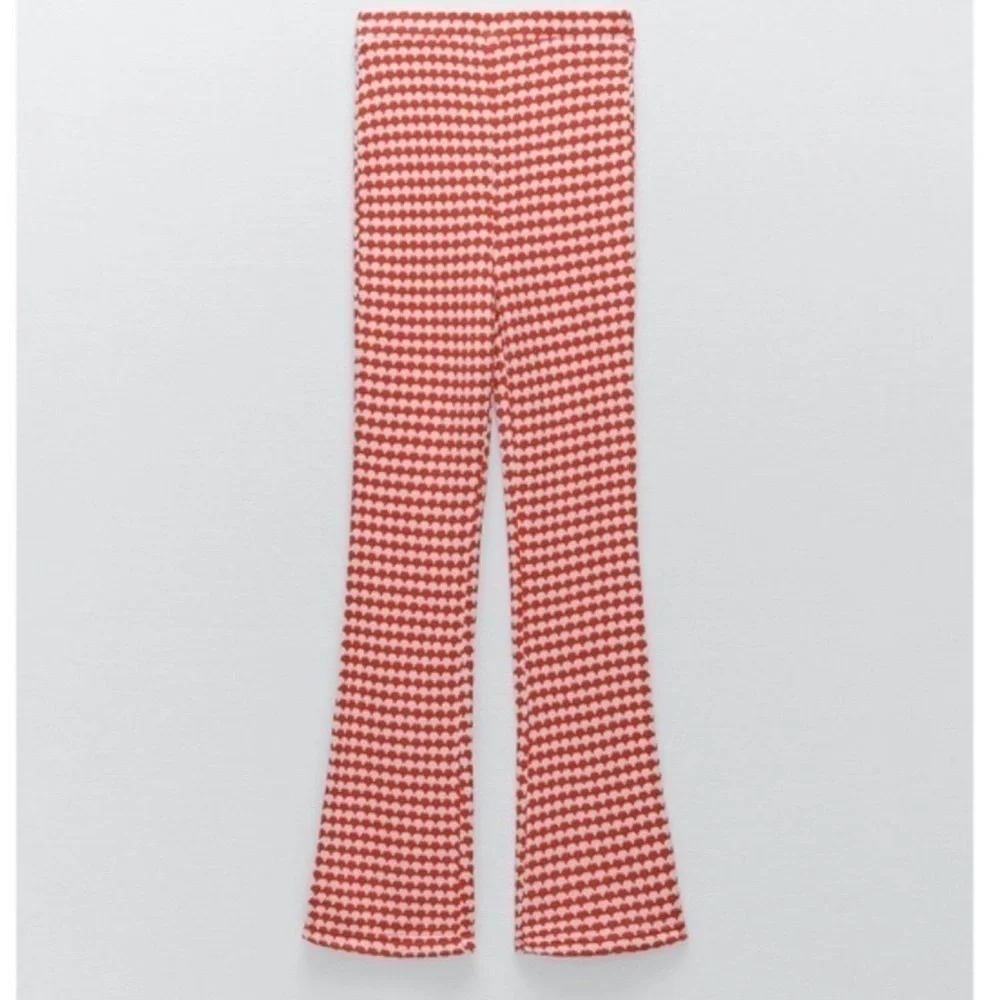 Zara red white knit high waisted flare stretchy pull on pants 70’s hippie retro - Picture 3 of 12
